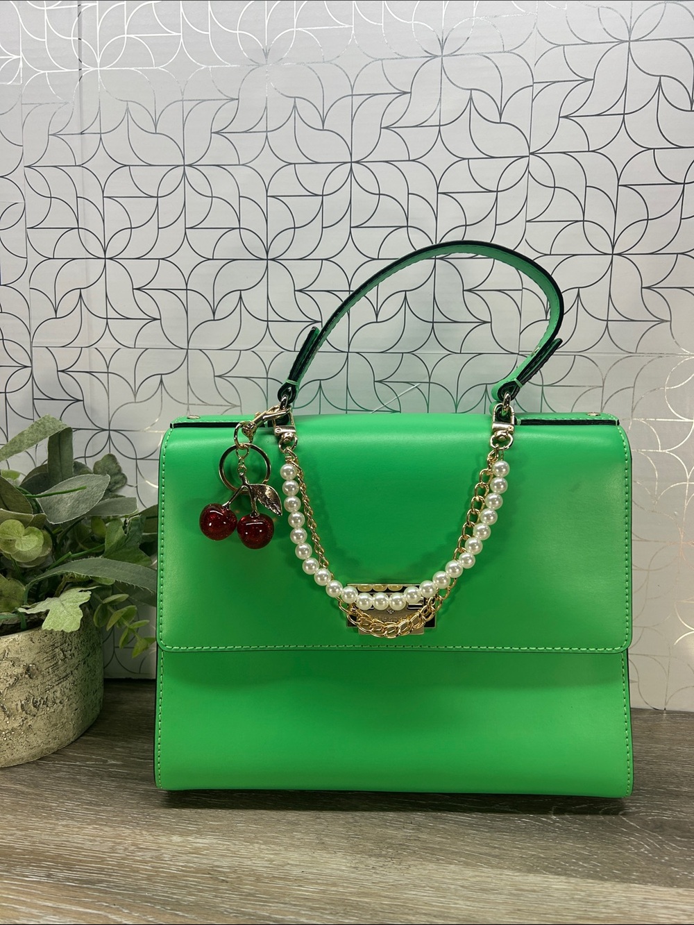 Kate Spade Green Pearl-Chain Top Handle Bag